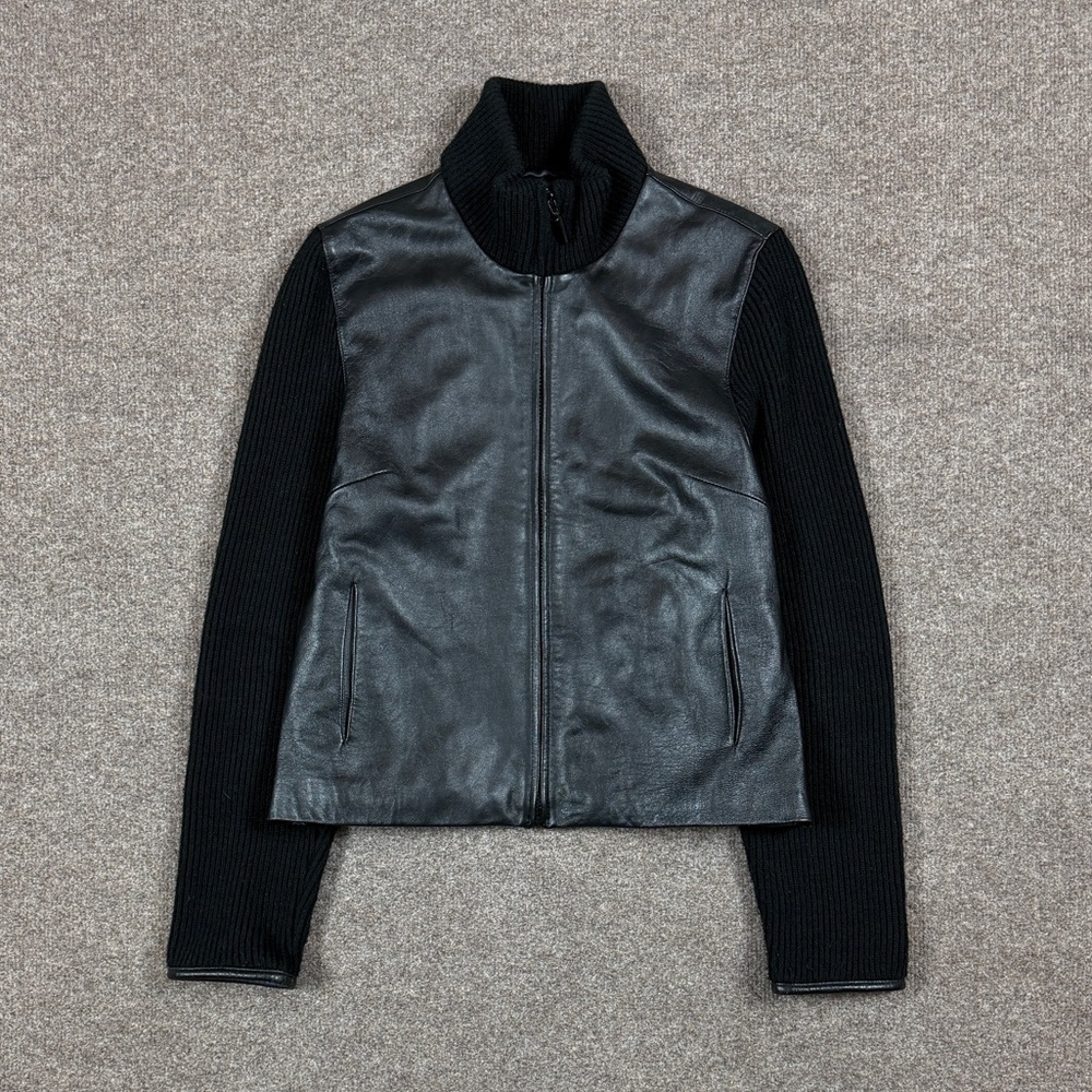 Marvin Richards Black Leather Front‎ Zip Up Jacket Women’s M Knit Back High Neck